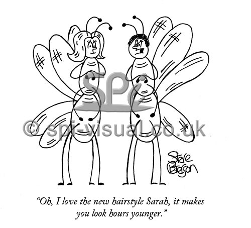 Two mayflies discuss new hairstyle making one look hours younger cartoon illustration